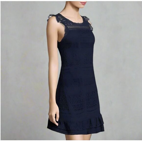 Joie Dress Cotton Ruffle Mini Dress Large Navy Blue Sleeveless Shift Shift Lace - Picture 1 of 12